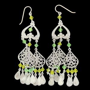 Vintage Silver Filigree Chandelier Drop Earrings with Lime Green Crystals